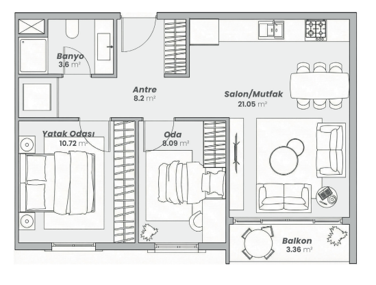 2+1 A Tipi ölçülü kat planı — Net 55 m²