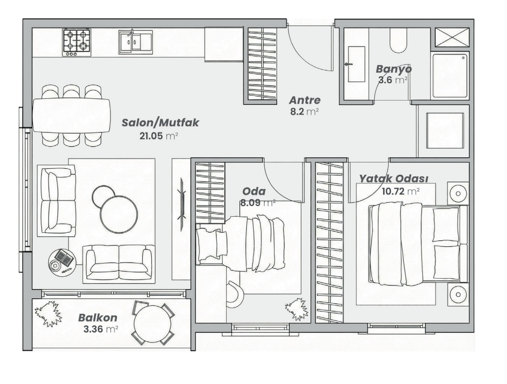 2+1 B Tipi ölçülü kat planı — Net 55 m²